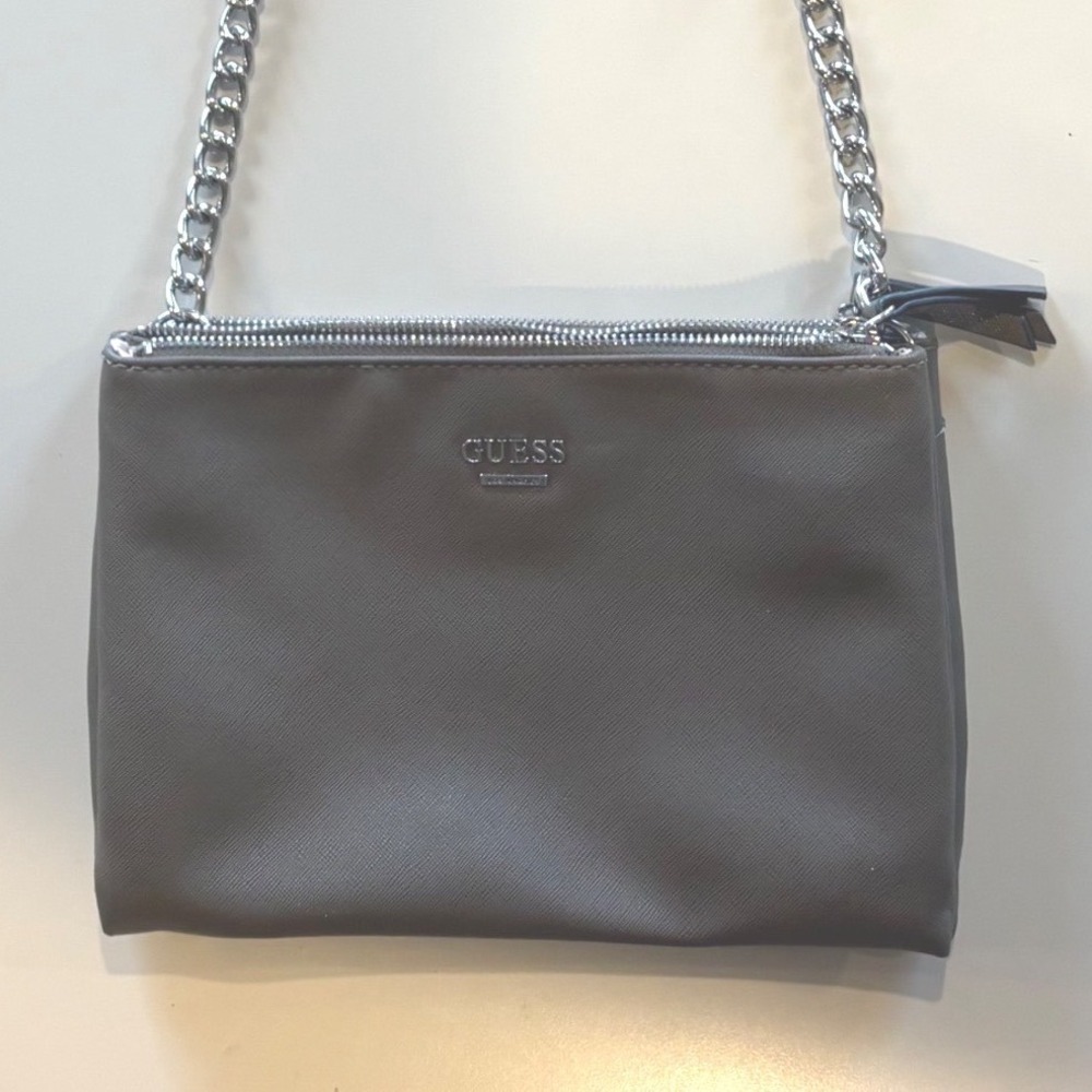 Guess Los Angeles Taupe Saffiano Triple Compartment Crossbody Bag Silver‎ Chain